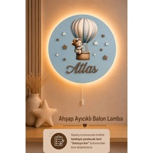 Ahşap Kapadokya Balon Lamba İsme Özel Pilli Ledli Gece Lambası Bebek Çocuk Odası Mavi