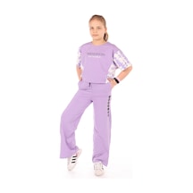 Toontoy Kids Toontoy Kız Çocuk 2'li Takım Baskılı Kısa Kollu Sweatshirt & Beli Lastikli Yırtmaçlı Bol Paça Eşofman Altı - 30/1 Penye Lila