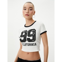 Koton Kolej Crop Tişört Baskılı Biyeli Kısa Kollu Bisiklet Yaka Pamuklu Fitilli Ekru 4sal10621ık 4SAL10621IK010 Ekru