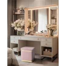 Zengo Gold Twin Line Kare Puf -pembe Kumaş, Dekoratif Makyaj Masası Pufu-modern Style