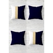 Gold Şeritli Ve Düz Desenli Gizli Fermuarlı Kırlent Kılıfı Koltuk Yastık Kılıfı Takım 4adet , Lacivert-beyaz 45 X 45 50 x 22