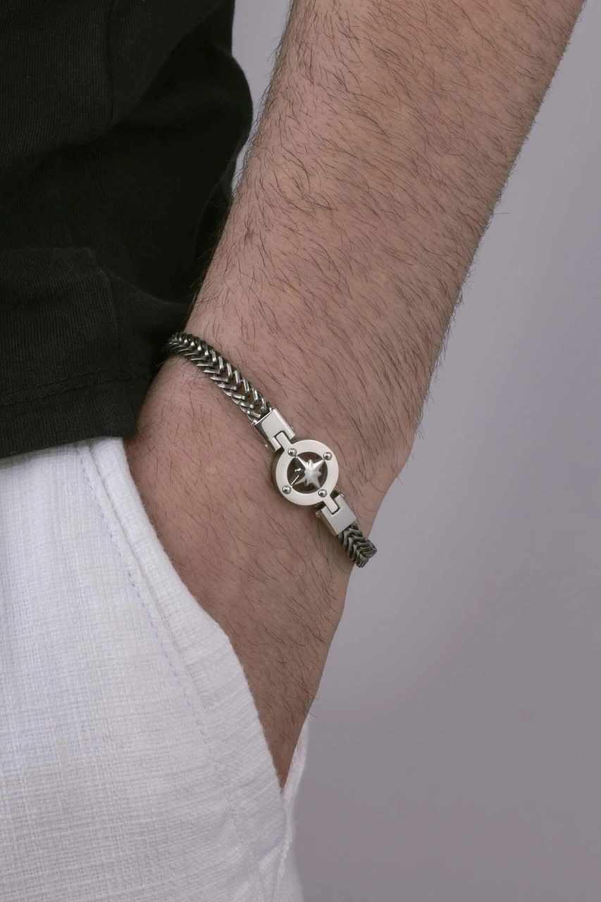 Gümüş Pazarım Kutup Yıldızı Motifli Zincir Model Çelik Erkek Bileklik Çok Renkli