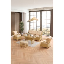 Paris Rattan Puflu Bahçe Balkon Takımı 3+1+1 Cam Masalı Cappuccino