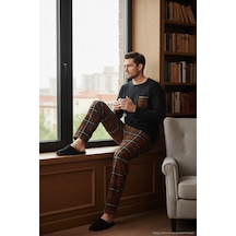 Buratti Ekoseli Cepli Beli Lastikli % 100 Pamuk Regular Fit Erkek Pijama Takımı 6572001 Siyah-Kahve