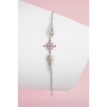 Pembe Zirkon Taşlı Rodyumlu 925 Ayar Gümüş Çiçek Bayan Bileklik -7777