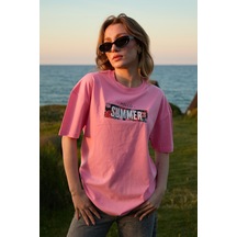 Velvoria Oversize Kadın Hello Summer Baskılı Pembe Renk T-shirt