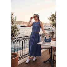 Lela Rahat Kalıp Kolsuz Midi Boy Etek Bluz Takım Bayan Takım 5866953 Lacivert