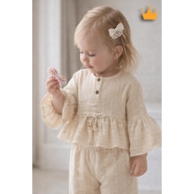 Babyhola Kız Bebek Çocuk Bayramlık Takım Volan Kollu Simli Müslin 2011 Bej