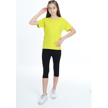 Toontoy Kids Toontoy Kız Çocuk 2'li Takım Baskılı Bisiklet Yaka T-shirt & Basic Düz Crop Tayt Açık Yeşil