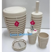 Primanova Palm 5 Parça Yuvarlak Çöp Kovalı Banyo Seti Bej Krem