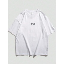 Unisex Beyaz Oversize One Yazılı Baskılı Örme T-shirt Beyaz-56731