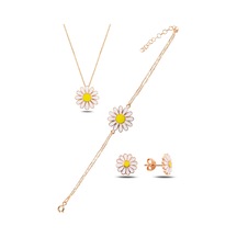 Çekirdekjewelry 925 Ayar Gümüş Rose Papatya Kolye Bileklik Küpe Seti Sarı Mineli Çiçek Takım Pembe