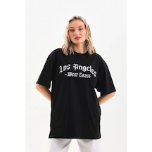 Wear Vexel Kadın Baskılı Tişört Kısa Kol Bisiklet Yaka Oversize T-shirt - Siyah Siyah