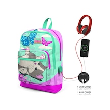 Coral High Kids Su Yeşili Pembe Kedi Desenli Dört Bölmeli USB Şarjlı Kulaklık Çıkışlı Okul Sırt Çantası 23807