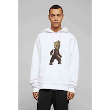 Groot Baskılı Beyaz Erkek Örme Kapşonlu Sweatshirt (534789613)