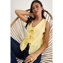 Shade Kadın V Yaka Fiyonk Detaylı Müslin Peplum Bluz G28-4883 60283356 - Limon Sarısı Çok Renkli