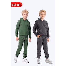 Panios Kids Erkek Çocuk 2'li Düz Kanguru Cepli Kapüşonlu Eşofman Takımı Haki-füme