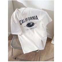 Unisex Beyaz ''california'' Baskılı Oversize T-shirt Start0000092