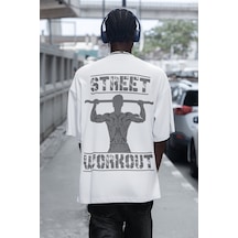 Street Workout Calisthenics Sırt Baskılı Unisex Oversize Sporcu T Beyaz