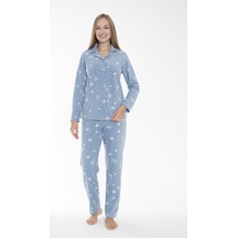 Estiva Kadın Kışlık Kar Desenli Önden Düğmeli Fitilli Polar Pijama Takımı Mavi Çok Renkli