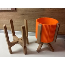 3d Baskı Ayaklı Çizgili Saksı - Bej Standlı Dekoratif Saksı - Turuncu