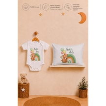 Pia Baby İsme Özel Kız Bebek Kısa Kollu Body Zıbın Ve 35x45 Cm Yastık Kılıfı %100 Pamuk Organik Baskılı Hediye Seti 2083bay6x Ekru