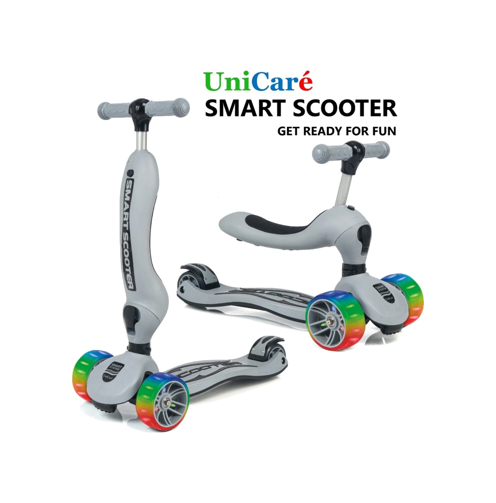 Smart Oturaklı Çocuk Scooter 3 Tekerlekli Işıklı Ledli Scooter Yükseklik Ayarlı Gri