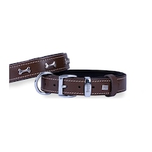 Doggie Konforlu Deri El Yapımı Kemik Süslü Köpek Boyun Tasması 3 x 42-50 CM Kahverengi