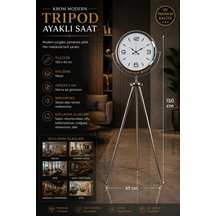 Krom Modern 150 X 45 Cm Metal Tripod Ayaklı Saat