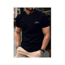 Caddemia Yaz Moda Rahat Gevşek Spor Moda Köpekbalığı Deseni Baskılı Yuvarlak Boyun Kı Siyah 2XL