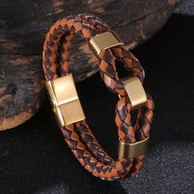 Örme Deri İp Erkek Takı Moda Paslanmaz Çelik Erkek Deri Bileklik Çift Katmanlı Tasarım Çok Renkli Kombinasyon Takı Turuncu
