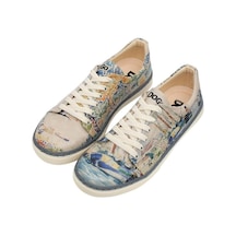 Kadın Vegan Deri Bej Sneakers - Watercolor And Sailors Tasarım Çok Renkli