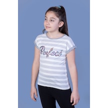 Toontoy Kids Toontoy Kız Çocuk Baskılı Bisiklet Yaka Kısa Kollu Çizgili Tişört Ekru