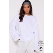 Kadın %100 Pamuk Bisiklet Yaka Oversize Fit Uzun Kollu Beyaz T-shirt Beyaz