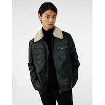 Koton Uzun Kollu Kapaklı Cep Detaylı Slim Fit Peluş Yaka Suni Deri Ceket Siyah 6wam20128hw
