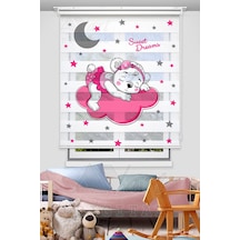 Sevimli Uyuyan Ayıcık Baskılı Çocuk Odası Perdesi - Pembe - Dijital Baskılı Zebra Stor Perde Pembe