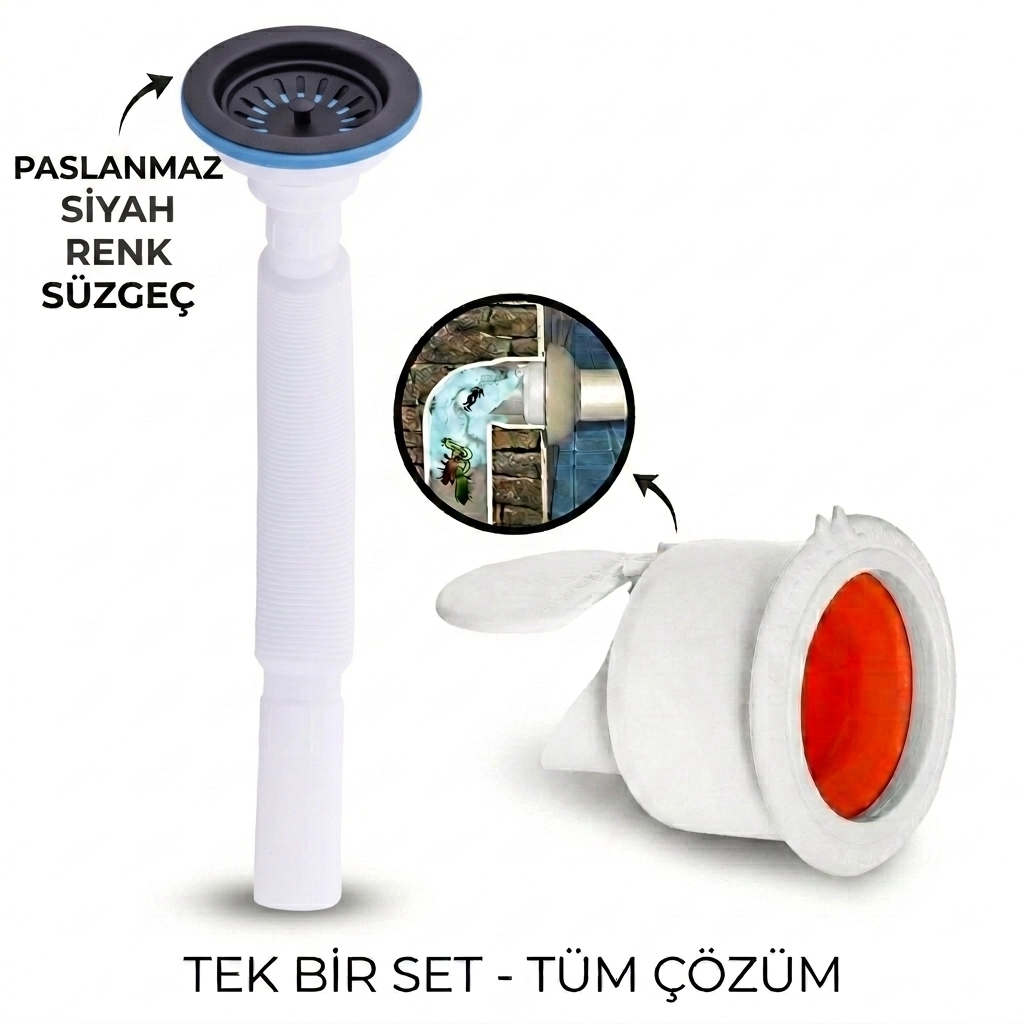 Çöpmak Körüklü Büyük Kafalı Tırnaklı Mutfak Evye Lavabo Gider Si Fonu Üstü Paslanmaz Altı Plastik + Çekvalfli Conta Kötü Koku Böcek Kirli Su Önleyici Lavabo Gider Aparatı Siyah