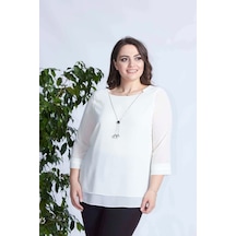 Moda Berray 1934 Kolyeli Şifon Büyük Beden Şık Bluz Ekru Ekru