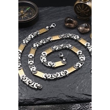Paslanmaz Çelik Euro Kral Model Erkek Kolye Zincir Ve Bileklik Set 10mm Grek Desenli 902931 Çok Renkli