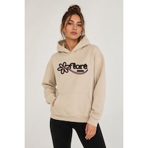 Herkesemoda Flore, Baskılı Kapüşonlu 2 İplik Şardonlu Sweatshirt Bej