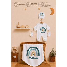 Pia Baby Kişiye Özel Erkek Bebek Tulum Set 4 Parça %100 Pamuk İsimli Organik Baskılı Battaniyeli 1092btyx Krem