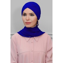 Hürrem Bone Saks M. Pratik Hazır Geçmeli Tesettür Bone Sandy Kumaş Çapraz Büzgülü Şifon Atkılı 1801a 24 Saks Mavi
