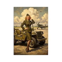 Askeri Üniformalı Pin-up Kadın Jeep Yanında Dekoratif Kanvas - Mdf Ahşap Tablo Çok Renkli