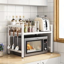 Honeybeeshop Beyaz 38 66cm 2 Katmanlı Genişletilebilir Mikrodalga Rafı Metal Mutfak Tezgahı Depolama Rafı 6 Saç Tokası İle Pratik Ev Mutfak Çözümü