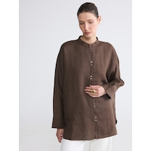 Lcw Modest Kahverengi Oversize Kadın %100 Keten Gömlek Tunik