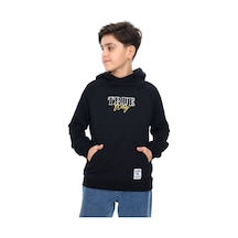 Toontoy Kids Toontoy Erkek Çocuk Relax Fit Kapüşonlu Cepli Reglan Kol Baskılı Sweatshirt - 2 İplik Siyah