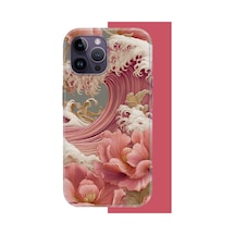 İphone 14 Pro Max Uyumlu Pembe Çiçekli Dalga Uv Baskılı Silikon Kılıf Renkli