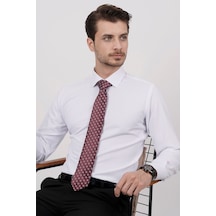 Beyaz Saten & Bordo Kare Desenli Hediye Kutulu Kravat Seti Beyaz