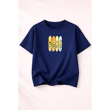 Herkesemoda Ayçiçek Demeti Baskılı Kadın Bisiklet Yaka Pamuklu T-shirt Lacivert