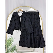 Lovie Moda Kadın Çiçek Nakışlı Kimono Etekli Takım - Siyah Lovie Moda Kadın Çiçek Nakışlı Kimono Etekli Takım - Siyah